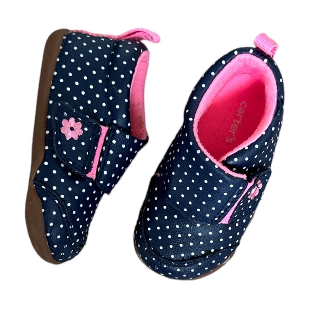 Baby Toddler Girl Leather Shoes Navy & Pink Polka Dot & floral Size 4 Vibrant